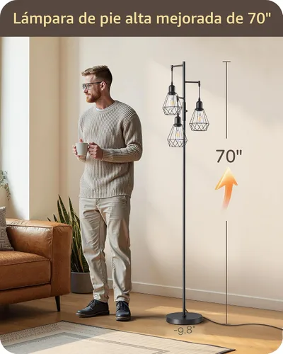 Miniatura 4 de EDISHINE Lámparas de Pie Estilo Granja de 70 Pulgadas para Sala de Estar, Lámparas Industriales Altas de Pie Regulables con 3 Bombillas LED Edison