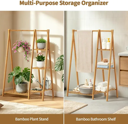 Miniatura 6 de Percheros pequeños para ropa, perchero para colgar ropa de niños, perchero de madera de bambú con estantes, estante de esquina independiente