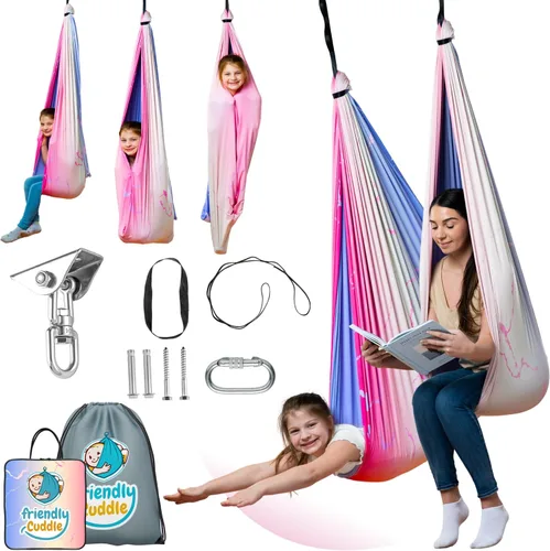 Miniatura 16 de Columpio sensorial de interior para niños o exterior – Soporta 300 libras, doble capa y giro de 360°, columpio hamaca de terapia de compresión