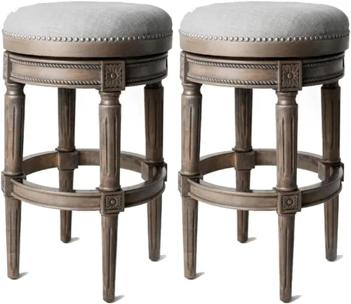 Miniatura 23 de Maven Lane Pullman Taburete de Bar de Madera Giratorio 180 Grados sin Respaldo de 30" de Altura con Ribete de Tachuelas, Acabado Blanco Alabastro