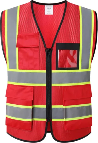 Miniatura 13 de Chaleco de seguridad para mujer, chaleco de alta visibilidad con 8 bolsillos y cremallera frontal, chaleco reflectante de malla que cumple