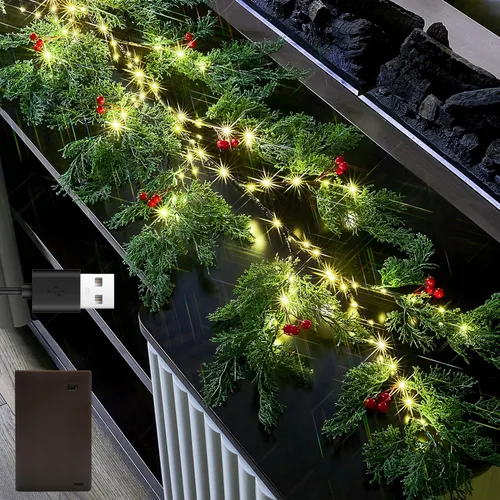 Miniatura 8 de Fudios - Guirnalda iluminada de bayas rojas con temporizador de 6 pies y 120 LED que funciona con pilas y USB, luces de guirnalda de Navidad