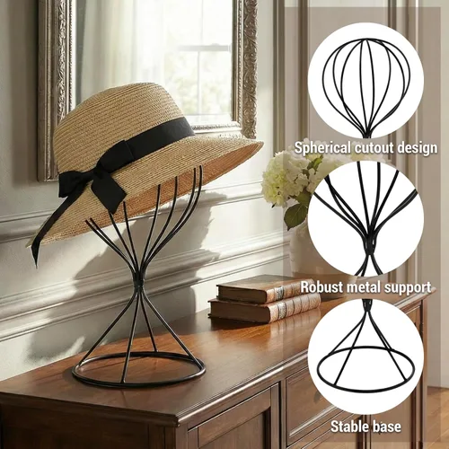 Miniatura 5 de MyGift Soporte de alambre de metal negro para sombrero, estante de exhibición de pelucas, forma de almacenamiento de fedora o gorra de béisbol