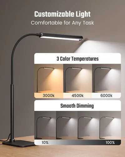 Miniatura 4 de SUPERDANNY - Lámpara de escritorio LED para el cuidado de los ojos con base de cuello de cisne flexible de 360°, lámpara de trabajo con control