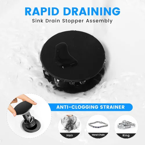 Miniatura 4 de Drenaje de lavabo de baño con desbordamiento, tapón universal para lavabo de baño, drenaje de plástico de drenaje rápido con colador 2 x negro mate