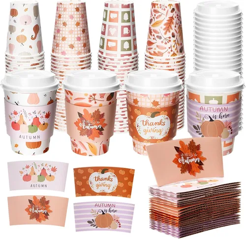 Miniatura 8 de Lallisa Paquete de 100 tazas de café de papel de Acción de Gracias de 12 onzas con tapas y mangas, tazas de café desechables para otoño, Acción