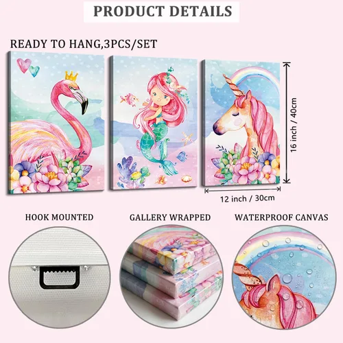 Miniatura 5 de Imágenes de decoración de pared de unicornio rosa para habitación de niñas, dormitorio, baño, arte de pared lindo de sirena, flamenco, acuarela