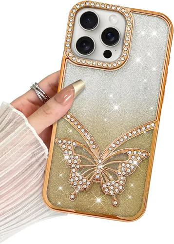 Miniatura 30 de BITOBE Diseñada para iPhone 15 Pro Max, bonita funda de mariposa 3D chapada en purpurina delgada para mujeres y niñas, protección de cámara, Negro