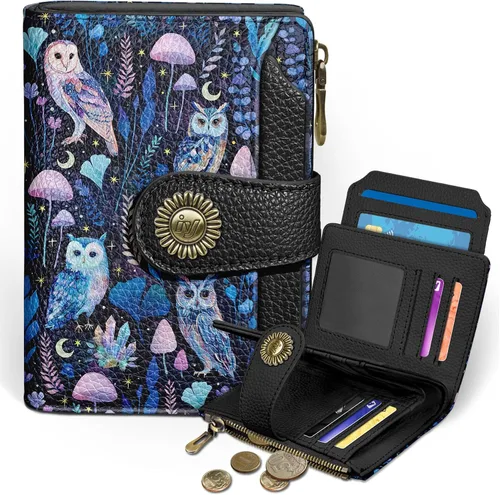 Miniatura 20 de Icycay Cartera pequeña para mujer, plegable con bloqueo RFID, soporte para tarjetas de crédito, bolsillo con cremallera para monedas, piel
