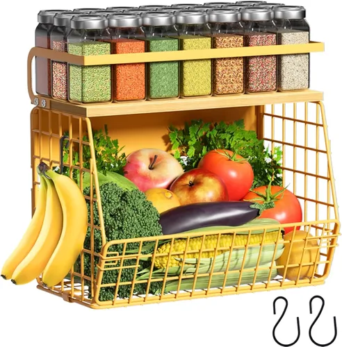 Miniatura 24 de Juego de 2 estantes magnéticos para refrigerador con tapa de madera, contenedores de almacenamiento de papas y cebollas, organizadores y Negro