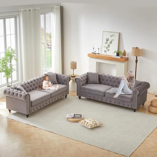 Miniatura 7 de Juego de 2 sofás Chesterfield de terciopelo de 85.5 pulgadas, 3 plazas + 63.5 pulgadas, sofá moderno con brazos enrollados y 2 cojines para sala