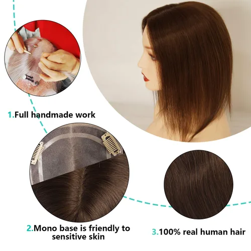 Miniatura 3 de Extensiones de cabello humano virgen de alta calidad de 12/20 pulgadas con clip para mujer, base mono de 5 x 6 pulgadas, repuesto negro natural