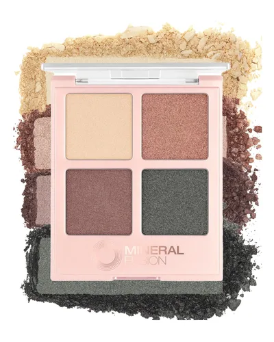 Mineral Fusion Paleta de sombras de ojos, cuatro tonos de polvo prensado en acabado mate, satinado y brillante, maquillaje de ojos vegano natural,