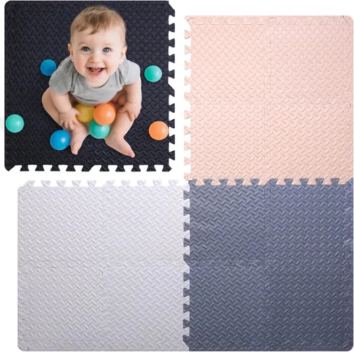 Miniatura 13 de Coolcandy Tapete de juego de espuma para bebé, 16 piezas con tiras de borde, azulejos de piso entrelazados de 4 colores, tapete de piso