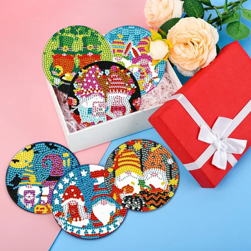 Miniatura 3 de Kit de 8 posavasos de pintura de diamante con soporte, posavasos de gnomo 5D de diamante, manualidades de arte de diamante, posavasos de diamante 8