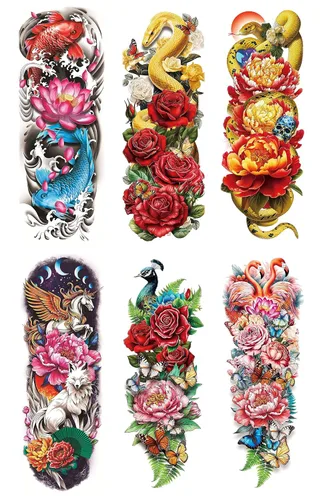 Miniatura 5 de Kotbs 6 hojas de tatuajes temporales de brazo completo, diseños florales realistas impermeables, serpiente, peonía, mariposa, tatuajes falsos