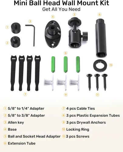 Miniatura 9 de Soporte de pared para micrófono con mini cabezal de bola giratorio, soporte de pared de micrófono con soporte de brida, adaptador de soporte