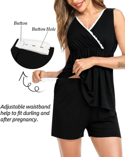 Miniatura 3 de SWOMOG Conjunto de pijama de maternidad para mujer con bata de 3 piezas, ropa de dormir sin mangas y pantalones cortos para embarazo