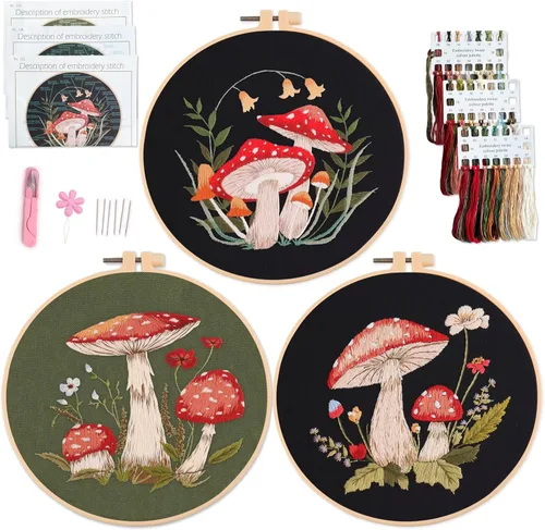 Myfelicity Kit de bordado de hongos de 3 juegos, kit de agujas para principiantes para adultos, juego de costura práctico para manualidades