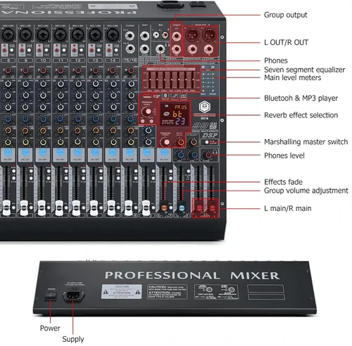 Miniatura 8 de W IN-MIX Mezclador de audio profesional DX16 DJ de 16 canales con 99 efectos DSP, ecualizador de 7 bandas, botón independiente de encendido