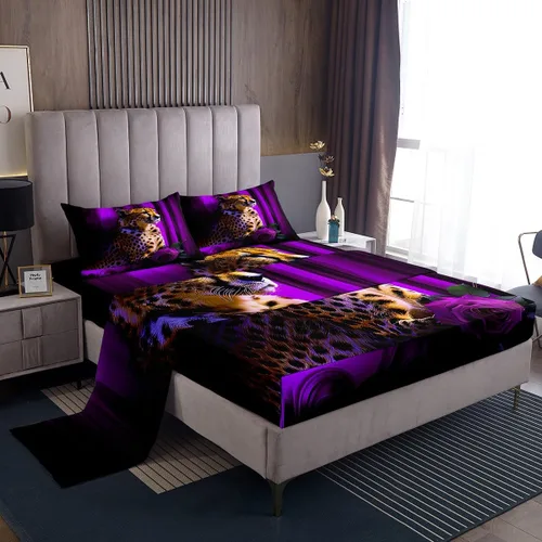 Miniatura 31 de Erosebridal Sábanas de cama de guepardo con rosa roja, juego de sábanas de bolsillo profundo con estampado de leopardo y gato, sábana bajera