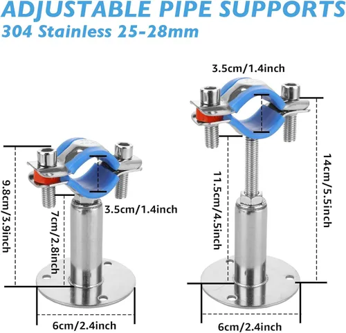 Miniatura 5 de Paquete de 4 soportes de montaje de tubería de acero inoxidable 304 – Abrazaderas ajustables de 1.969-3.937 in de altura para tubos de 3/4 pulgadas