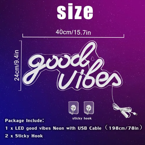Miniatura 6 de Good Vibes - Letrero de neón LED para decoración de pared, luces de neón azules para dormitorio y fiesta, luz de neón brillante alimentada por USB