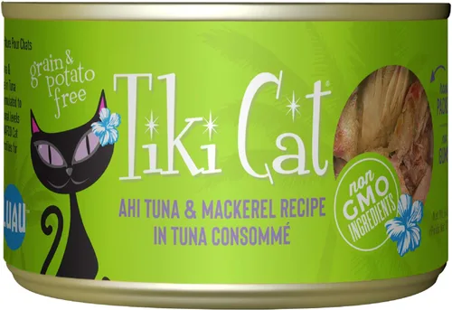 Tiki Cat Luau - Comida húmeda sin granos, baja en carbohidratos, con aves de corral o peces en consomé para gatos adultos y gatitos.