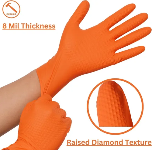 Miniatura 5 de Industrial Nitrile Gloves – Heavy Duty Latex & Powder Free Disposable Gloves with Diamond Texture Naranja