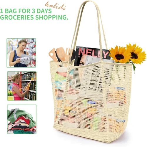 Miniatura 5 de KALIDI Bolso de Mano de Nylon de Playa con Malla, Bolso de Mano Casual Hobo para Mujer, Plegable, MAX 23L, Bolso de Hombro para Playa, Picnic