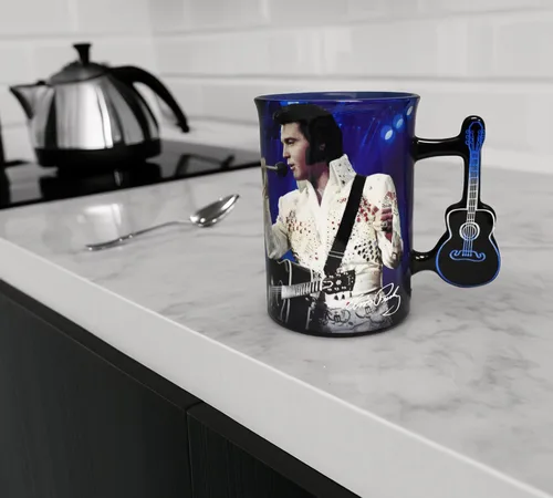 Miniatura 2 de Midsouth Products Taza de cerámica Elvis Presley con mango de guitarra – Diseño icónico de mono blanco – Artículo de colección de 16oz para fans