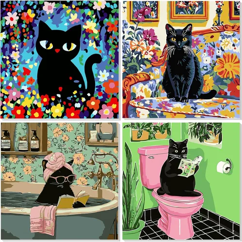 NAIMOER Paquete de 4 kits de pintura de gato negro por números para adultos principiantes con marco de madera, kits de pintura de lienzo para