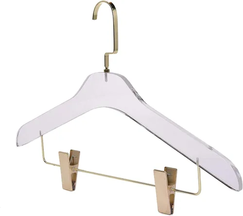 Miniatura 6 de HomeCube USA - Percha de acrílico de 17 pulgadas con ganchos y clips dorados, organizador resistente para trajes, vestidos y más, elegante diseño