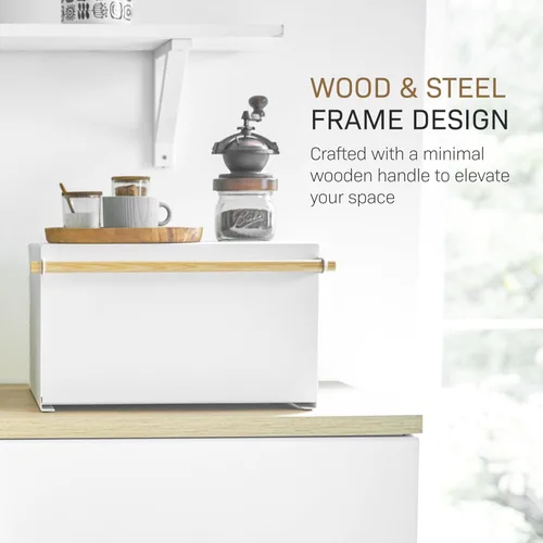 Miniatura 7 de YAMAZAKI Caja de Pan Moderna para el Hogar – Contenedor de Almacenamiento de Pan de Acero + Madera para Encimera, Caja de Pan Grande Blanca