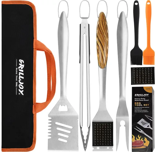 Grilljoy Juego de 8 herramientas resistentes para parrilla BBQ con espátula de acero inoxidable extra gruesa, tenedor, pinzas y cepillo de limpieza