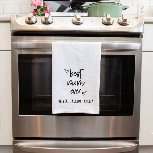 Miniatura 3 de Andaz Press Toalla de Cocina Personalizada, Toalla de Té de Saco de Harina, La Mejor Mamá de Todos los Tiempos Nombres Personalizados de Niños