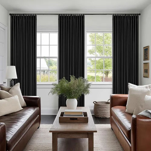 Miniatura 9 de Juego de 2 paneles de cortinas plisadas negras de 80 pulgadas para sala de estar, cortinas plisadas de lino con forro de 80 pulgadas de largo, 100%