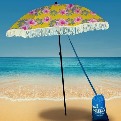 Miniatura 33 de Sombrilla de playa para arena, resistente al viento, con bolsa de anclaje de arena, portátil, flecos, bolsa de mezclilla, cuenta con parte inferior