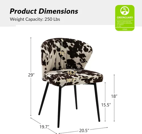 Miniatura 2 de HULALA HOME Silla de comedor moderna sin brazos, piel de vaca con estampado de animales, silla lateral tapizada con patas de metal negro, silla