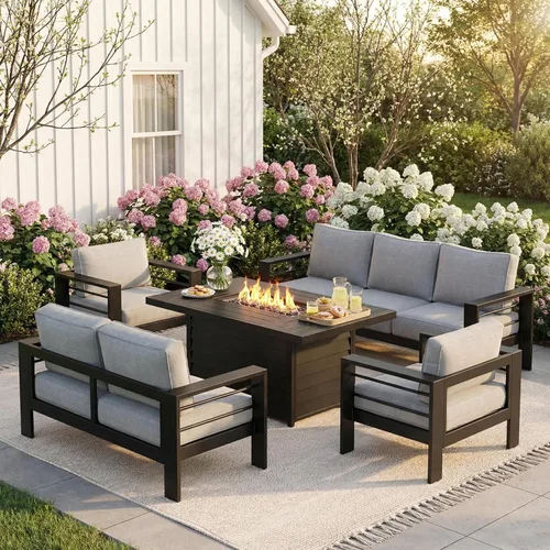 Miniatura 55 de Solaste Juego de muebles de patio de aluminio para todo tipo de clima, moderno juego de muebles de metal para exteriores con asientos profundos