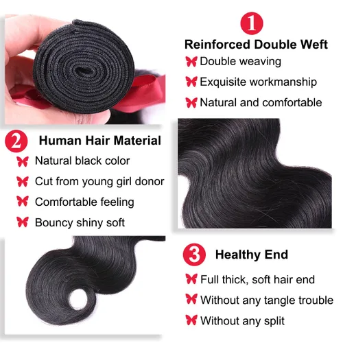 Miniatura 4 de ALLRUN Paquetes de Ondas Corporales con Cierre Cabello Humano 12 14 16 Pulgadas+10 Cierre Tejidos Corporales 3 Paquetes y Cierre Parte Libre 100%
