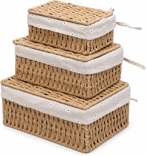 Cestas de almacenamiento con tapas, juego de 3, cestas de mimbre tejidas anidables, cestas decorativas con tapa para estantes, dormitorio, baño,