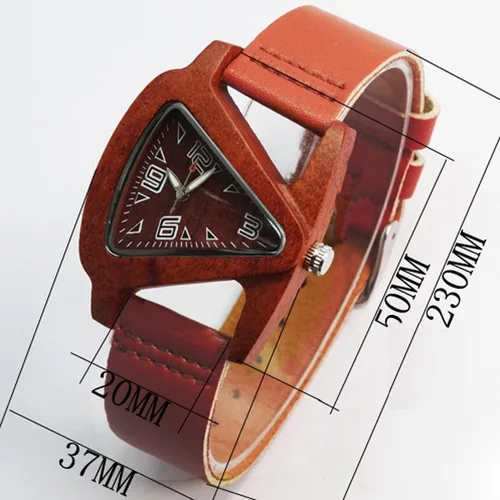 Miniatura 3 de Relojes de madera triangulares, color rojo, con correa de cuero, reloj de pulsera de cuarzo para mujer