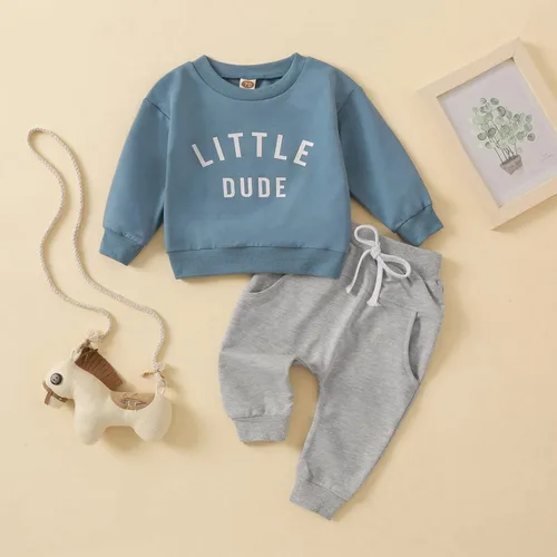 Miniatura 30 de Conjunto de 2 piezas de sudadera de manga larga con cuello redondo y pantalones casuales para bebés y niños pequeños