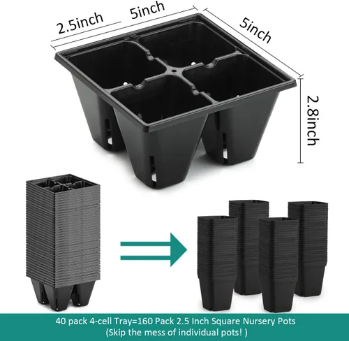 Miniatura 2 de RooTrimmer Paquete de 40 bandejas reutilizables de 4 celdas para plantas de semillero, bandejas profundas de células grandes con agujeros de drenaje