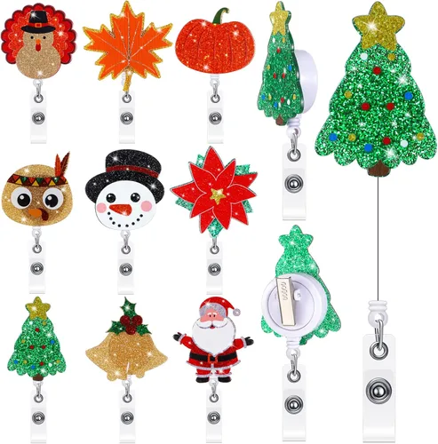 Miniatura 10 de 9 piezas de portarretes de insignia de Halloween con purpurina divertida para Halloween, fantasma, calabaza, insignias, retráctiles, lindos carretes