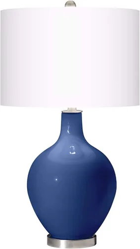 Miniatura 2 de Color + Plus Lámpara de mesa moderna de 28.5 pulgadas de alto, cristal azul Mónaco OVO blanco con pantalla de tambor de lino para sala de estar