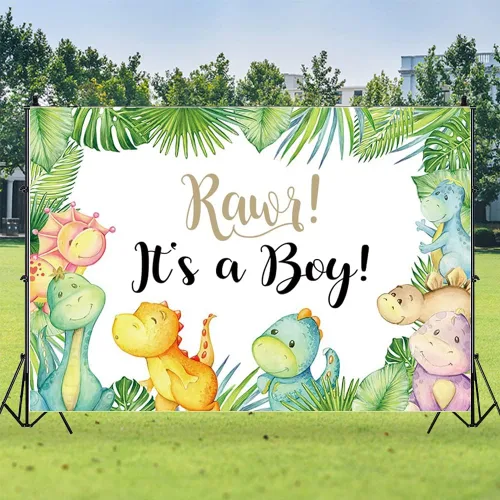 Miniatura 5 de Cartel de fondo de baby shower de dinosaurio pequeño de 7 x 5 pies con texto en inglés "It's A Boy" ("It's A Boy"), telón de fondo para baby shower