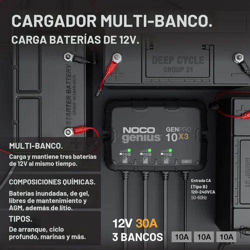 Miniatura 2 de NOCO Genius GENPRO10X3, cargador de batería inteligente marino de 3 bancos, 30 A (10 A/banco), cargador de barco a bordo impermeable de 12 V