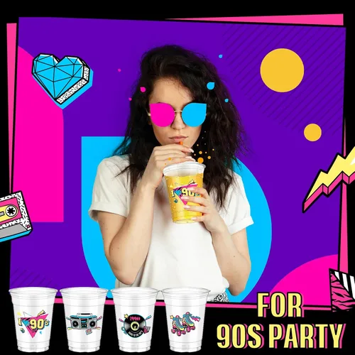 Miniatura 6 de Pickmesh 50 piezas de decoraciones de fiesta temática de los años 90, vasos de plástico de los años 90, suministros de fiesta de hip hop, 12 onzas